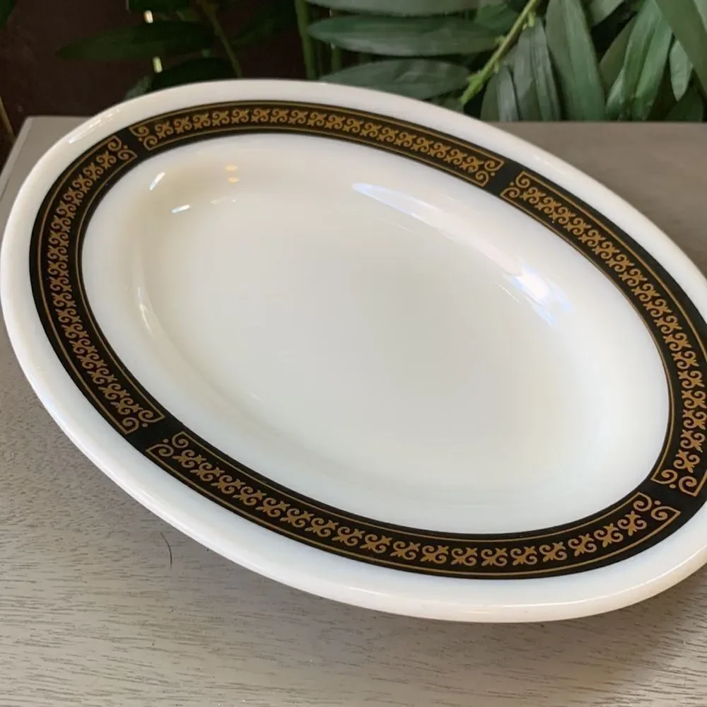2 Pyrex Serving Plates Gold & Black Fleur De Lis Pattern Trim on White Ceramic